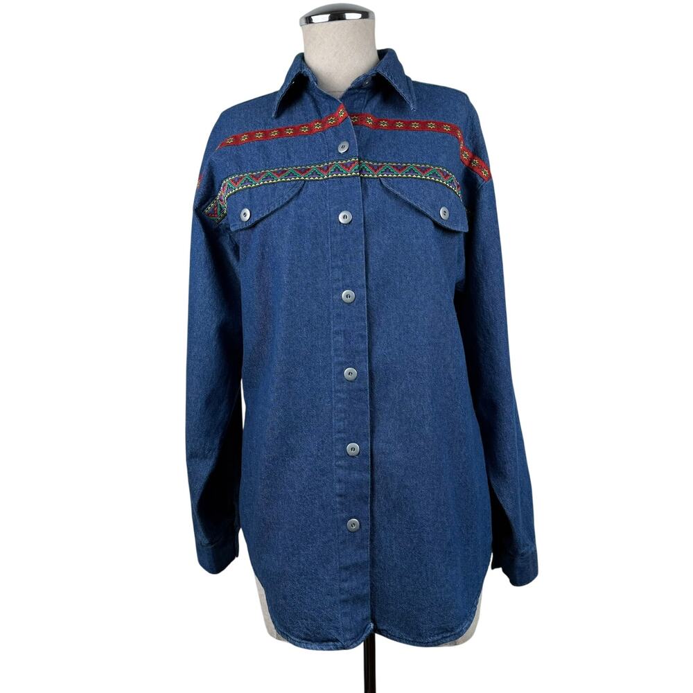BonWorth Western Denim Shirt Embroidered Long Sleeve Blue Button Up